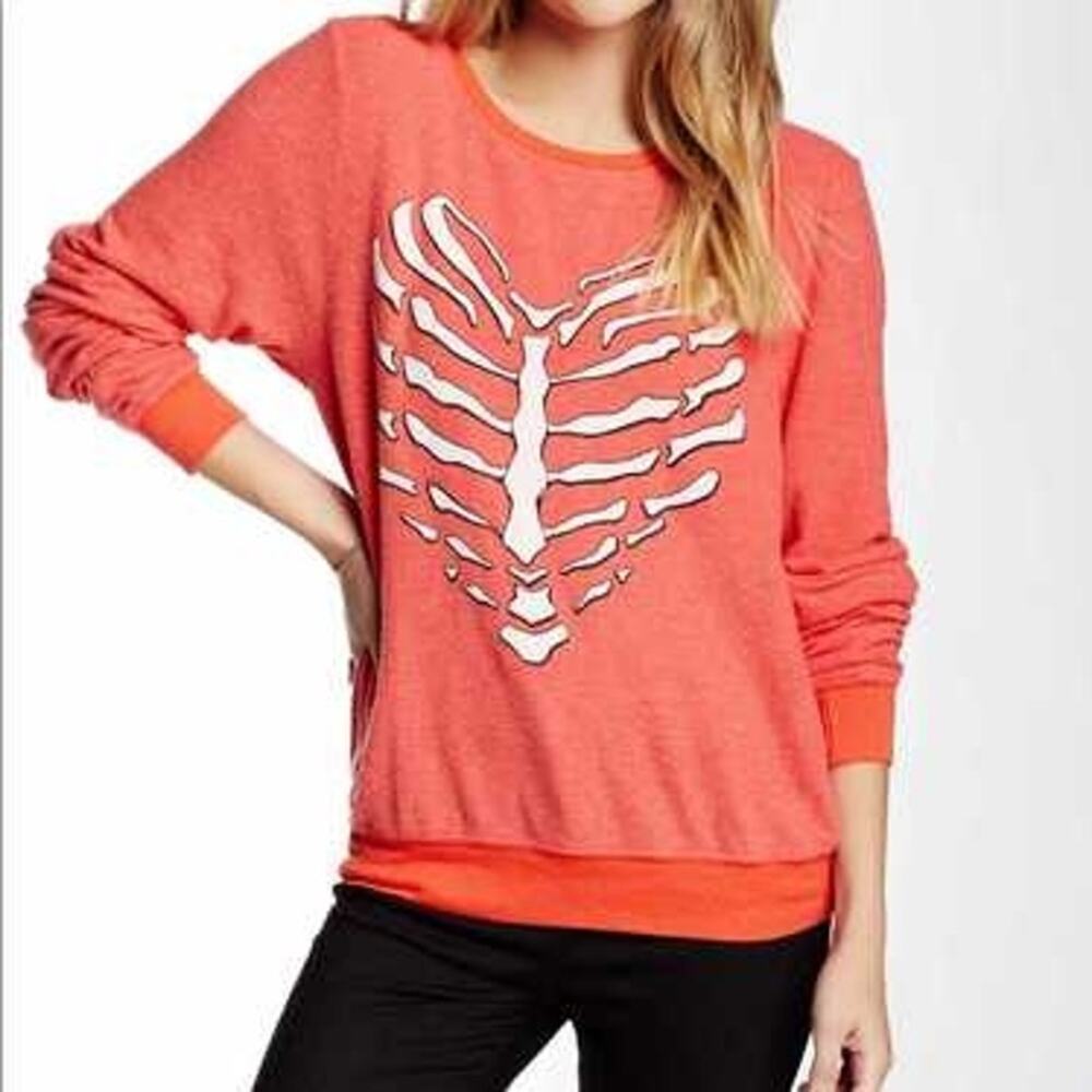 Wildfox Women's Skeleton Heart Sweatshirt Long Sleeves In Redish Orange Size XS